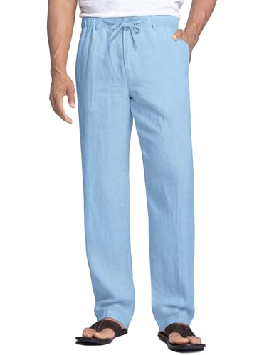 COOFANDY Herren-Leinenhose, Sommerhose, lässig, elastisch, Strand, Sommerhose, Taille, Kordelzug, Baumwollhose, bequem, Basic, himmelblau, L von COOFANDY