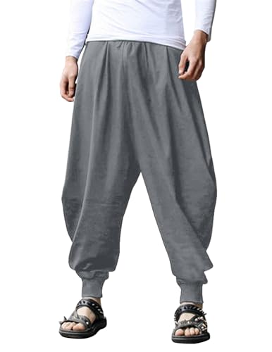 COOFANDY Herren Leinenhose Casual Elastische Taille Kordelzug Yoga Strand Hose - Grau - Groß von COOFANDY