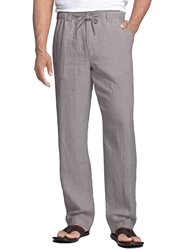 COOFANDY Herren Leinenhose Lässige Hose Sommerhose Freizeithose Leicht Baggy Schlupfhose Yoga Urlaub Strandhose mit Kordelzug Leinen-hellgrau 2XL von COOFANDY