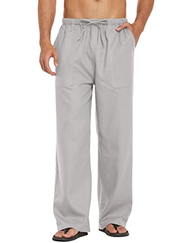 COOFANDY Herren Leinenhose mit Tunnelzug Leicht Sommerhose Freizeithose Sommer Strandhosen Lange Hosen Einfarbig Leinen Herrenhose mit Tasche Grau L von COOFANDY