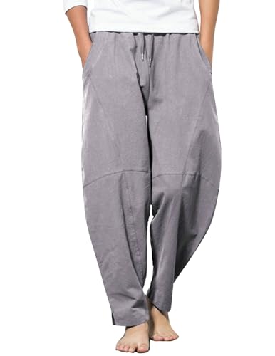 COOFANDY Herren Leinenhose Lang Loose Fit Sommerhose Leicht Freizeithose Urlaub Strandhose Yoga Hose Haremshose Hippie Lange Hosen Grau 3XL von COOFANDY