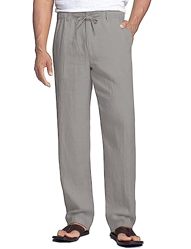 COOFANDY Herren Leinenhose Lange Sommerhose mit Kordelzug Leicht Strandhose Freizeithose Tasche Lässige Stoffhose Herrenhose Urlaub Grau S von COOFANDY
