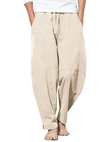 COOFANDY Herren Leinenhose Loose Fit Sommerhose Leicht Freizeithose mit Gummibund Urlaub Strandhose Haremshose Yoga Hose Hippie Hosen Lang Khaki XXL von COOFANDY