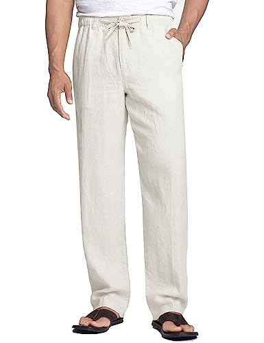 COOFANDY Herren Leinenhose mit Kordelzug Casual Loose Fit Sommerhose Leicht Strandhose Lang Linen Pants Weiß M von COOFANDY