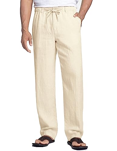 COOFANDY Herren Leinenhose mit Kordelzug Leicht Sommerhose Freizeithose Einfarbig Strandhose Herren Schlupfhose Lang Sommer Herrenhose Lange Urlaub helles Khaki S von COOFANDY