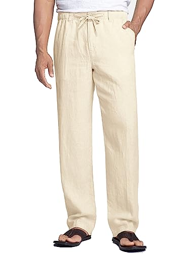 COOFANDY Herren Leinenhose mit Kordelzug Leicht Sommerhose Freizeithose Einfarbig Strandhose Schlupfhose Sommer Herrenhose Urlaub helles Khaki XL von COOFANDY