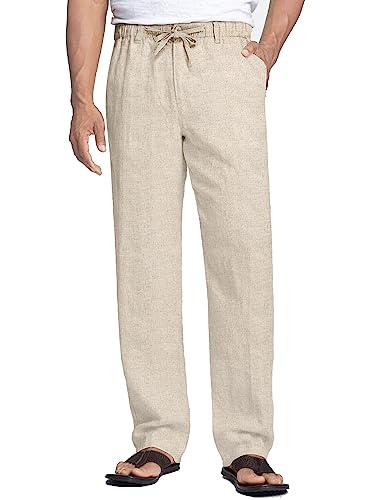 COOFANDY Herren Leinenhose mit Kordelzug Leicht Sommerhose Strandhose Leinen Herren Hose Lang aus Baumwol Einfarbig für Männer Taillenhose Khaki M von COOFANDY