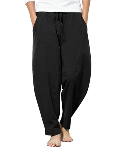 COOFANDY Herren Leinenhosen Sommer Hippie Hose Männer Hosen mit Taschen Yogahose Strandhose Lange Schwarz M von COOFANDY