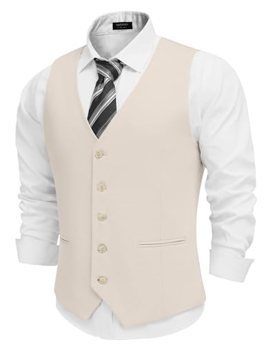 COOFANDY Herren Leinenweste Casual Leinen Slim Fit Anzugwesten Kleid Weste Hochzeit Business Abschlussball, Beige, X-Large von COOFANDY