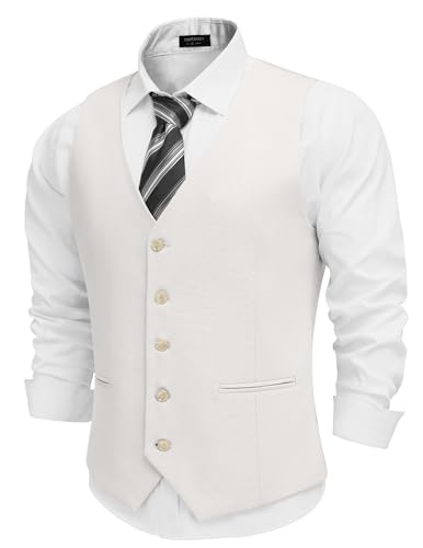 COOFANDY Herren Leinenweste Casual Leinen Slim Fit Anzugwesten Kleid Weste Hochzeit Business Abschlussball, Weiss/opulenter Garten, X-Large von COOFANDY