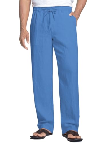 COOFANDY Herren Linen Hose Freizeithose Lang Leinenhose Leicht Sommerhose Loose Fit Strandhose für Urlaub Alltag Dünne Hose mit Gummizug Baumwollhose Loose Fit Klares Blau S von COOFANDY