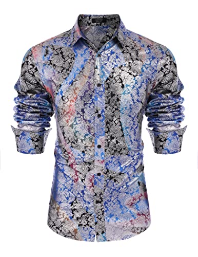 COOFANDY Herren Luxus Design Hemden Blumen Kleid Hemd Casual Button Down Shirts, Bunt-Blau, Klein von COOFANDY