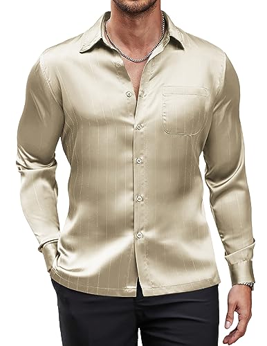 COOFANDY Herren Luxus Satin Kleid Hemd Glänzende Seide Langarm Button Up Shirts Hochzeit Hemd Party Abschlussball, Beige, Mittel von COOFANDY