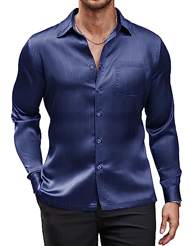 COOFANDY Herren Luxus Satin Kleid Hemd Glänzende Seide Langarm Button Up Shirts Hochzeit Hemd Party Abschlussball, Marineblau, L von COOFANDY