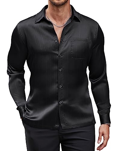 COOFANDY Herren Luxus Satin Kleid Hemd Glänzende Seide Langarm Button Up Shirts Hochzeit Hemd Party Abschlussball, Schwarz, XL von COOFANDY