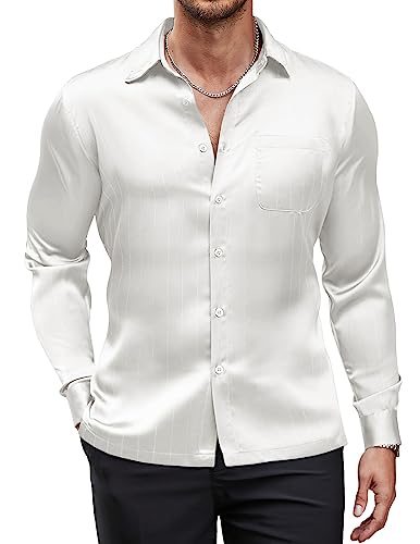 COOFANDY Herren Luxus Satin Kleid Hemd Glänzende Seide Langarm Button Up Shirts Hochzeit Hemd Party Abschlussball, Weiss/opulenter Garten, XL von COOFANDY