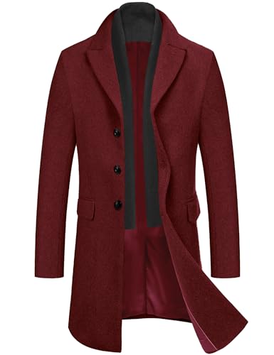 COOFANDY Herren Mantel Warm Wintermantel Warmer Wollmantel Lange Jacken Winterjacke Trenchcoat Kurzmantel Freien Winddichte Mantel im Freien Slim Fit Weinrot XXL von COOFANDY