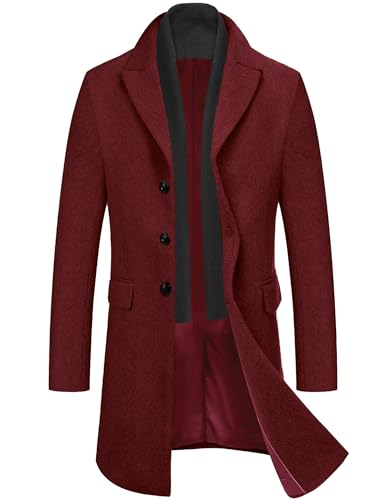 COOFANDY Herren Mantel Warmer Wollmantel Warm Wintermantel Lange Jacken Winterjacke Trenchcoat Freien Winddichte Mantel im Freien Slim Fit Weinrot L von COOFANDY