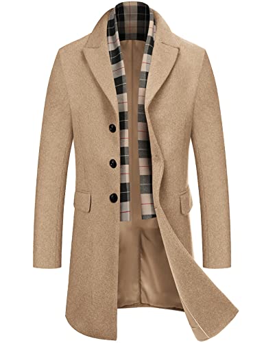 COOFANDY Herrenmantel aus Wollmischung mit abnehmbaren karierten Schals, gekerbtem Kragen, einreihiger Erbsenmantel, Trenchcoat, Khaki, S von COOFANDY