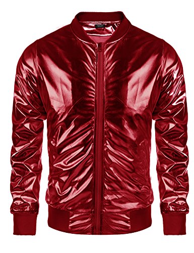 COOFANDY Herren Metallic Jacke 70er Jahre Disco Party Varsity Jacke Reißverschluss Baseball Bomber, Rot/Ausflug, einfarbig (Getaway Solids), S von COOFANDY