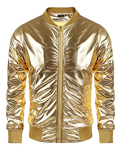 COOFANDY Herren Metallic Jacke 70er Jahre Disco Weihnachten Party Varsity Jacke Reißverschluss Baseball Bomber, 01-gold, M von COOFANDY