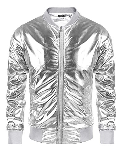 COOFANDY Herren Metallic Jacke 70er Jahre Disco Weihnachten Party Varsity Jacke Reißverschluss Baseball Bomber, 02-silber, M von COOFANDY