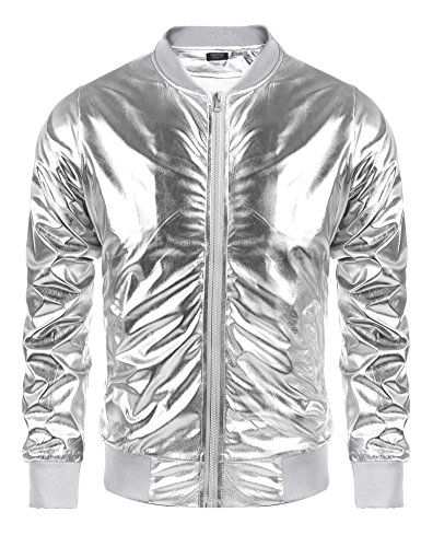 COOFANDY Herren Metallic Jacke 70er Jahre Disco Weihnachten Party Varsity Jacke Reißverschluss Baseball Bomber, 02-silber, XXL COOFANDY Herren Metallic Jacke 70er Jahre Disco Weihnachten Party Varsity Jacke Reißverschluss Baseball Bomber, 02-silber, XXL von COOFANDY