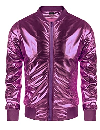 COOFANDY Herren Metallic Jacke 70er Jahre Disco Weihnachten Party Varsity Jacke Reißverschluss Baseball Bomber, Luxuriöses Violett, XXL von COOFANDY