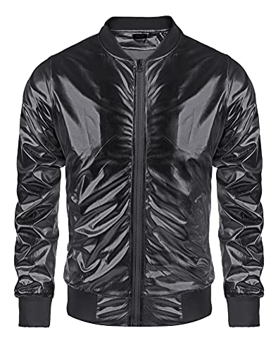 COOFANDY Herren Metallic Jacke 70er Jahre Disco Weihnachten Party Varsity Jacke Reißverschluss Baseball Bomber, Schwarz, XL von COOFANDY
