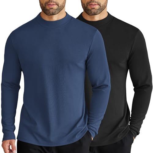 COOFANDY Herren Mock Rollkragen Langarm Shirts Slim Fit Basic T-Shirt Leicht Gerippter Pullover Sweater, 2er-Pack, Schwarz und Marineblau, Klein von COOFANDY