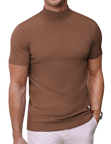 COOFANDY Herren Mock Rollkragenpullover Kurzarm Einfarbig T-Shirts Basic Slim Fit Strickpullover Tees, Braun, XX-Large von COOFANDY