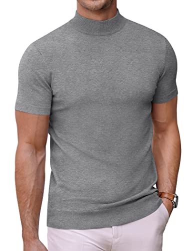 COOFANDY Herren Mock Rollkragenpullover Kurzarm Einfarbig T-Shirts Basic Slim Fit Strickpullover Tees, GRAU, Klein von COOFANDY