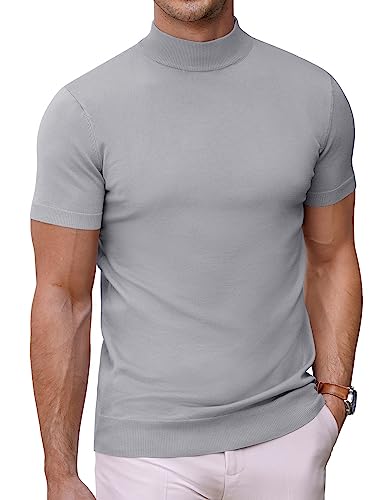 COOFANDY Herren Mock Rollkragenpullover Kurzarm Einfarbig T-Shirts Basic Slim Fit Strickpullover Tees, Hellgrau, Groß von COOFANDY