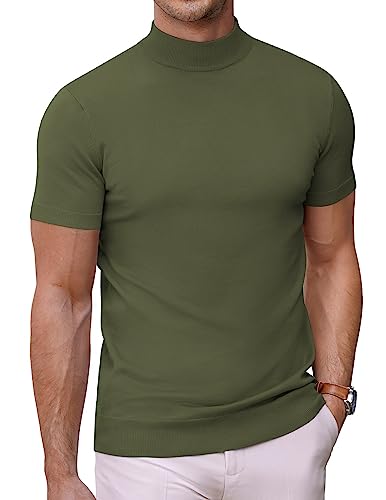 COOFANDY Herren Mock Rollkragenpullover Kurzarm Einfarbig T-Shirts Basic Slim Fit Strickpullover Tees, Oliv/Blatt für mich (Leaf It to Me), Mittel von COOFANDY