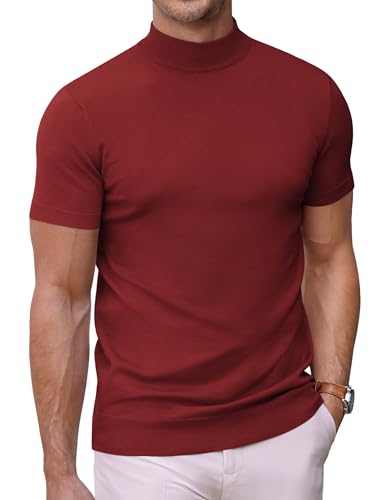 COOFANDY Herren Mock Rollkragenpullover Kurzarm Einfarbig T-Shirts Basic Slim Fit Strickpullover Tees, Weinrot, Groß von COOFANDY