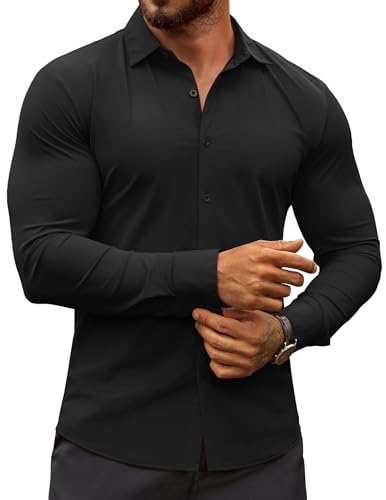COOFANDY Herren Muscle Fit Dress Shirts Stretch Faltenfrei Langarm Casual Button Down Shirts, Schwarz, Mittel von COOFANDY