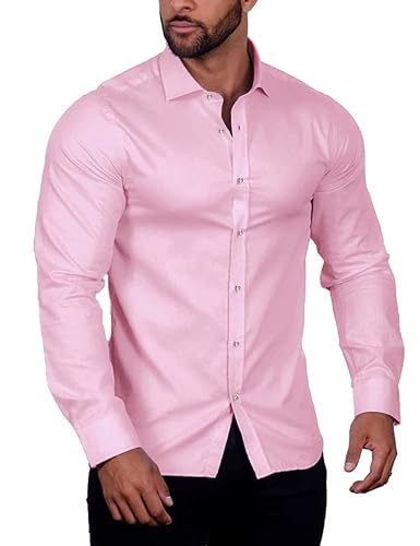 COOFANDY Herren Langarm Hemden Casual Regular Fit Bügelfrei Business Hemd Einfarbige Anzug Hemd Baumwollhemd Freizeithemden für Herren Hochzeit Hell-Pink L von COOFANDY