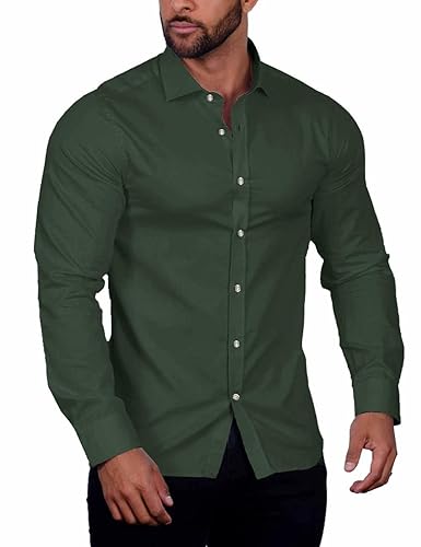 COOFANDY Herren Hemd Langarm Freizeithemd Langarmhemd Businesshemd Stretch Bügelleicht Shirt Kent Kragen Baumwollhemd Trachtenhemd Olivgrün M von COOFANDY