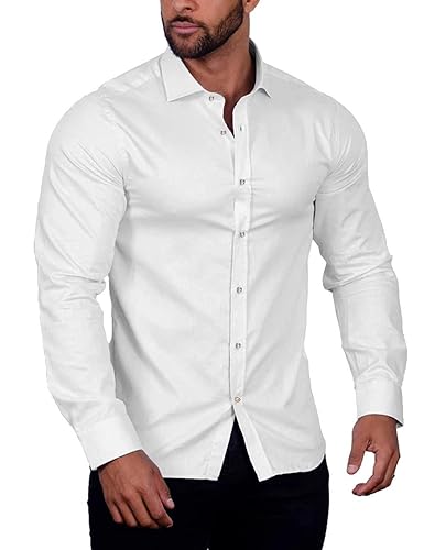 COOFANDY Herrenhemden Langarm Herren Hemd Bügelfrei Regular Fit Freizeithemd Businesshemd Elastiscer Anzug Hemd Kent Kragen Kleid Hemd Einfarbige Langarmhemd Weiß L von COOFANDY