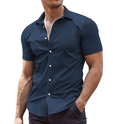 COOFANDY Herren Muscle Fit Kleid Shirts Faltenfrei Kurzarm Casual Button Down Shirt, Marineblau, Klein von COOFANDY