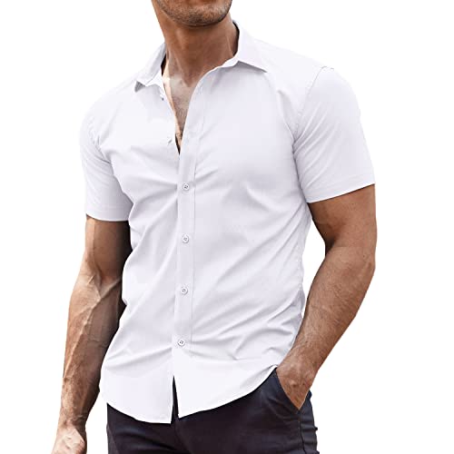 COOFANDY Herren Muscle Fit Kleid Shirts Faltenfrei Kurzarm Casual Button Down Shirt, Weiss/opulenter Garten, Klein von COOFANDY