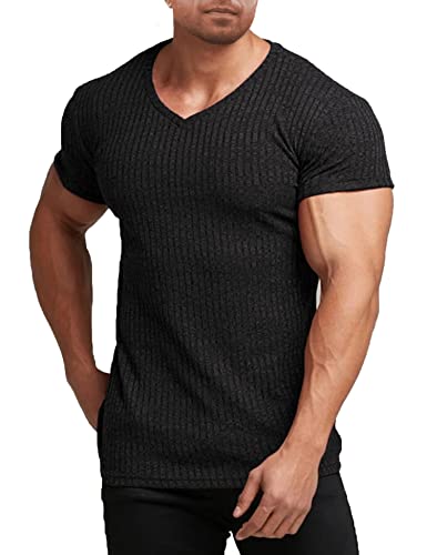 COOFANDY Herren Muskel-T-Shirt, Stretch, kurzärmlig, V-Ausschnitt, Bodybuilding, Workout - Schwarz - X-Groß von COOFANDY