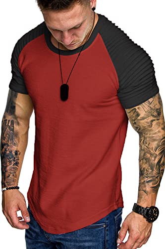 COOFANDY Herren-Muskel-T-Shirt, plissiert, Raglanärmel, Bodybuilding, Fitnessstudio, kurzärmelig, modisch, Workout-Shirt, Hipster-Shirt, Muster 9 (rot und schwarz), L von COOFANDY