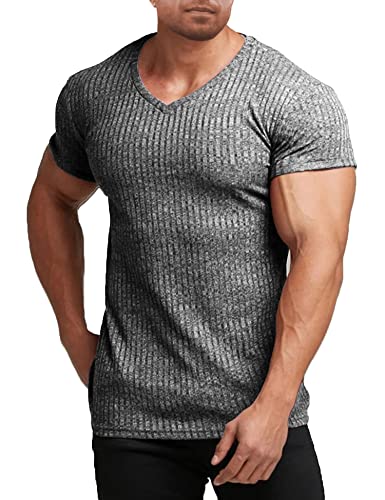 COOFANDY Herren Muskel T Shirts Stretch Kurzarm V-Ausschnitt Bodybuilding Workout T-Shirts, grau dunkel, L von COOFANDY