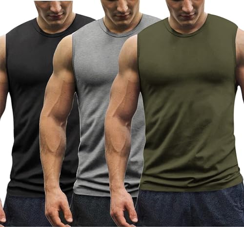 COOFANDY Herren Muskelshirt Unterhemden Axelshirt Tank Top 3er Muscle Shirt ärmelloses Vest Fitness Rundhals-Ausschnitt Schwarz/Armee Grün/Grau S von COOFANDY