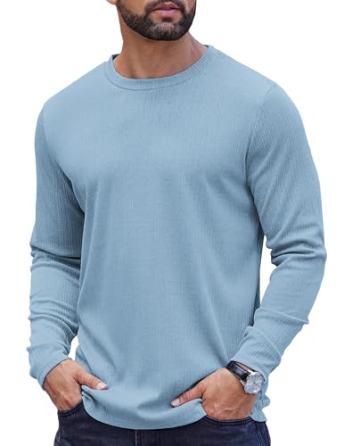 COOFANDY Herren Muskelshirts Langarm Sport Geripptes Pullover Rundhals Freizeit Männer Funktionsshirt Stilvolles Männer Casual Oberteil Blau L von COOFANDY
