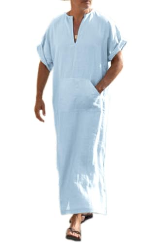 COOFANDY Herren Nachthemd Schlafanzug Kurzarm Roben Herren Baumwolle Leinen Robes V-Ausschnitt Nachtwäsche Mit Taschen Herrenhemd Sleepshirt Blau XL von COOFANDY