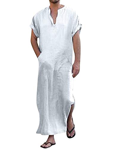 COOFANDY Herren Nachthemd Schlafanzug Kurzarm Roben Herren Baumwolle Leinen Robes V-Ausschnitt Nachtwäsche Mit Taschen Herrenhemd Sleepshirt Weiß M von COOFANDY