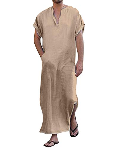 COOFANDY Herren Nachthemd Schlafanzug Kurzarm Roben Herren Baumwolle Leinen Robes V-Ausschnitt Nachtwäsche Mit Taschen Herrenhemd Sleepshirt Khaki S von COOFANDY