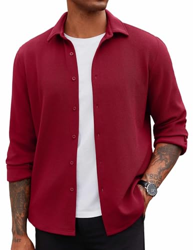 COOFANDY Herren-Overshirt, Shacket-Jacke, strukturierte Knopfleiste, langärmelig, modische Jacke, Weinrot, Mittel von COOFANDY
